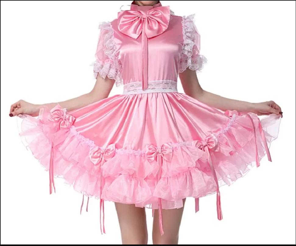 

Hot Selling Tassel Pendant Sissy Bow Girl Princess Satin Pink Dress Cross Skirt Fluffy Pastry Ball Sleeve Role-playing Maid