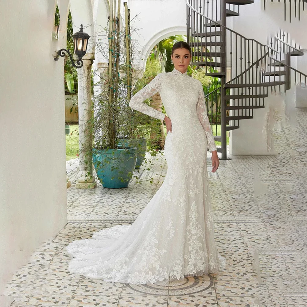 

Lace Wedding Dresses High Neck Illusion Long Sleeve Mermaid Brides Dress Sweep Train Customized свадебное платье