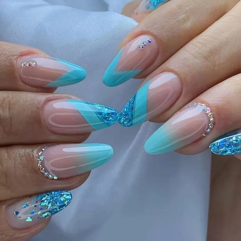 

24pcs Lake Blue Glitter Gradient Press-On Nails with Rhinestone Accents, Long Almond Shape, Assorted Sizes