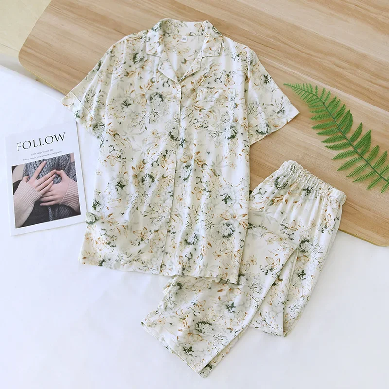 

2025 New Spring/Summer Women's Pajama Set with Viscous Fiber Thin Short Sleeves and Long Pants, Two Piece Home Furnishing Set