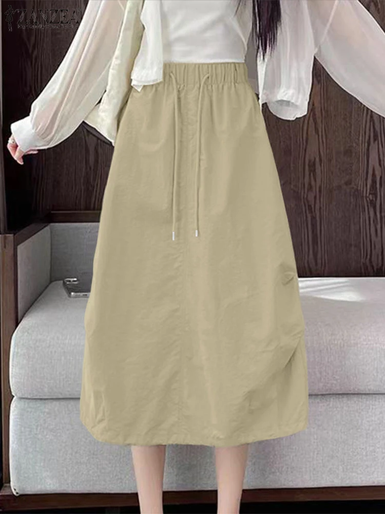 여성 Faldas ZANZEA 2025 가을 우아한 맥시 스커트 신축성있는 허리 솔리드 컬러 캐주얼 루즈 오버 사이즈 드로우 스트링 롱 오버 스커트