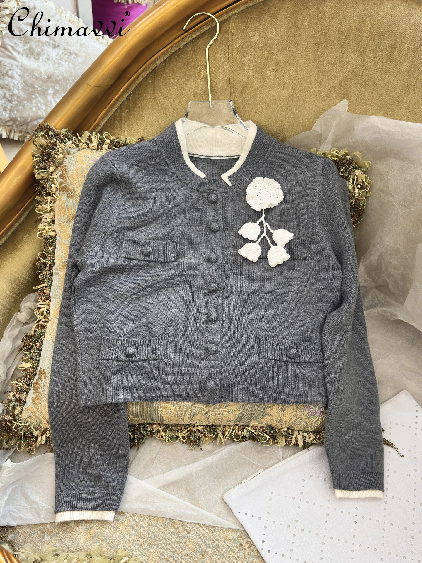 

2025 Autumn Winter New Fashion Thin Gray Knitted Cardigan Women Sweet Three-Dimensional Flower Decoration Elegant Sweater Coat