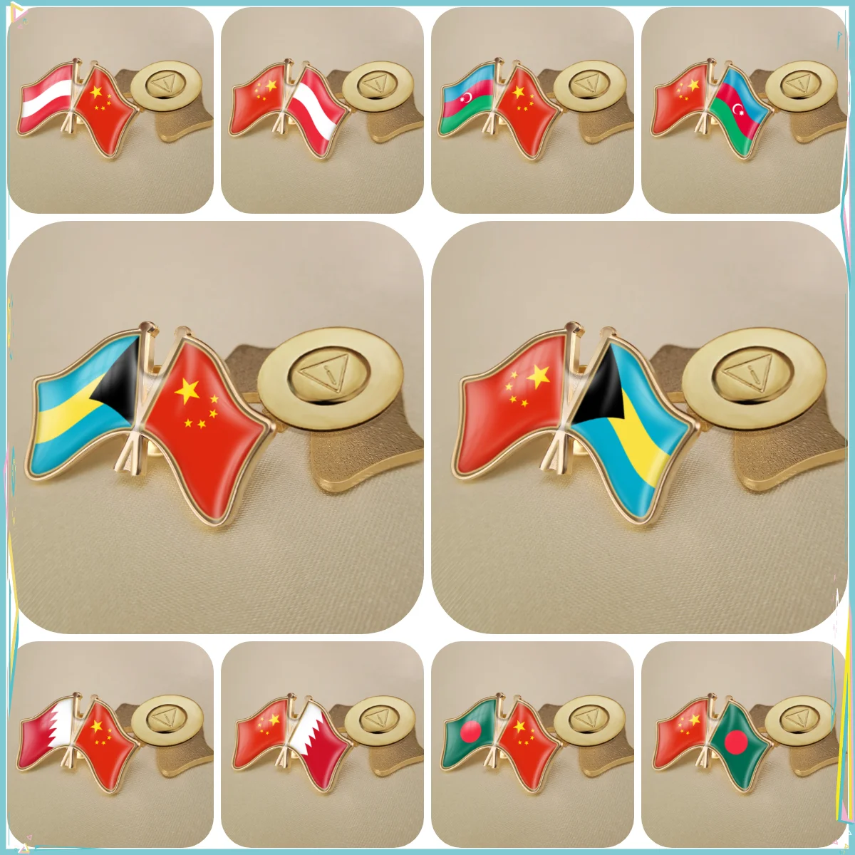 China and Austria Azerbaijan Bahamas Bahrain Bangladesh Crossed Double Friendship Flags Lapel Pins Brooch Badges