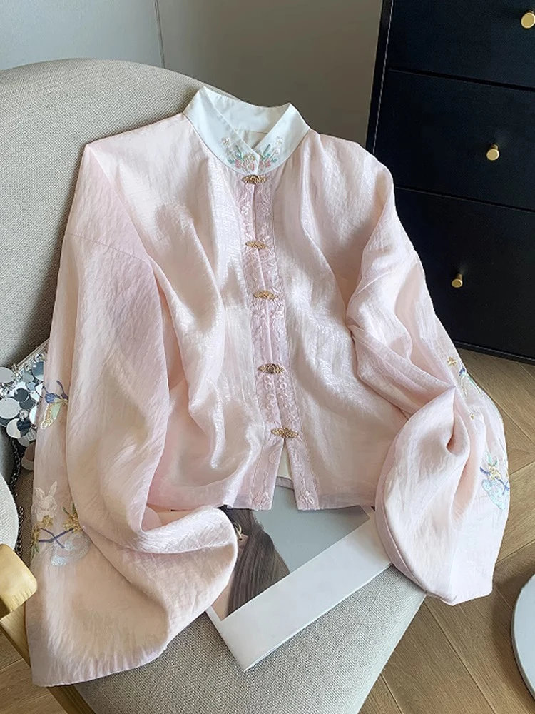 

Sweet Sle в стиле пэчворк, розовый воротник-стойка, женский весенне-осенний топ в стиле ретро, топ с ощущением нежного бриза, снижение возраста...