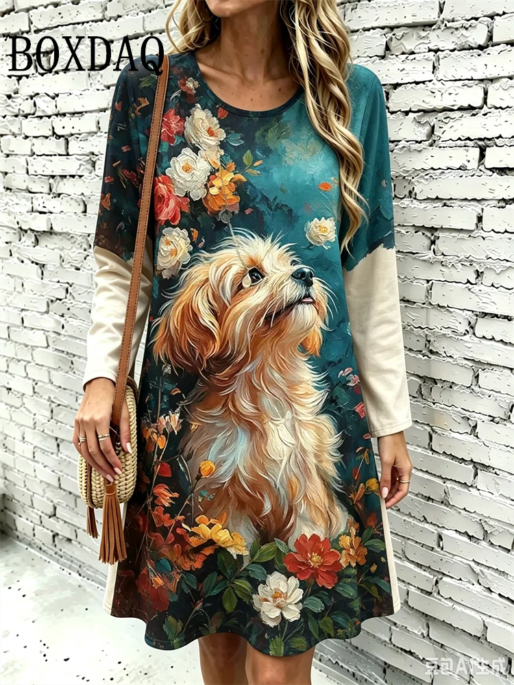 Oil Painting 3D Printing Women's Dresses Vintage Casual Poodle Dog Pattern Loose Home Dress Autumn Long Sleeve A-Line Dress 2026