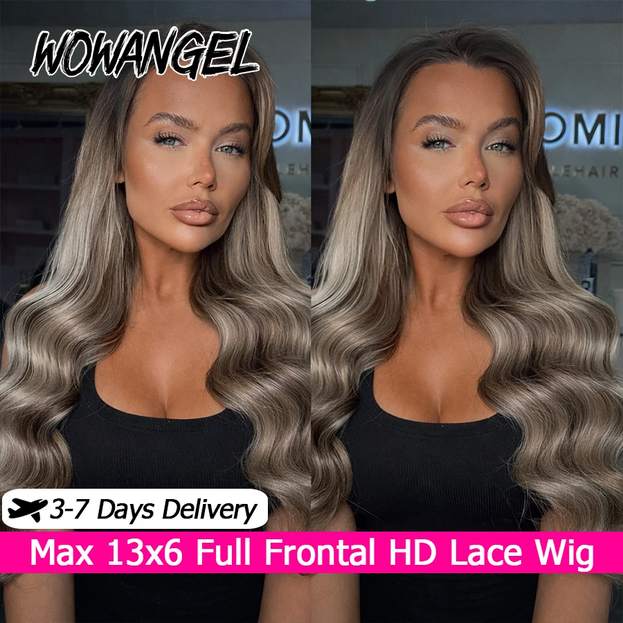 

WOWANGEL Парик с балаяжем, пепельно-русый, 13x6 HD Lace, полностью фронтальный, с эффектом Body Wave, из натуральных волос, предварительно проработанная линия роста волос, без клея
