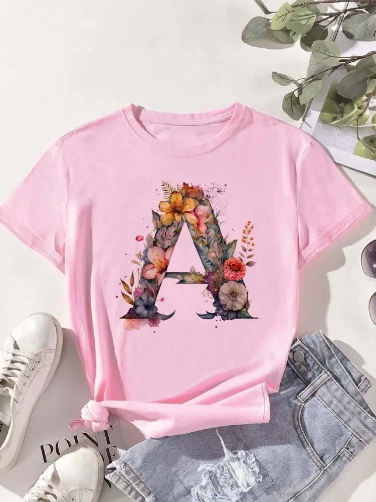 A B C D E English Alphabet Floral Print Pink T Shirt Women New Summer Female T-Shirt Harajuku Casual Tops Tshirts