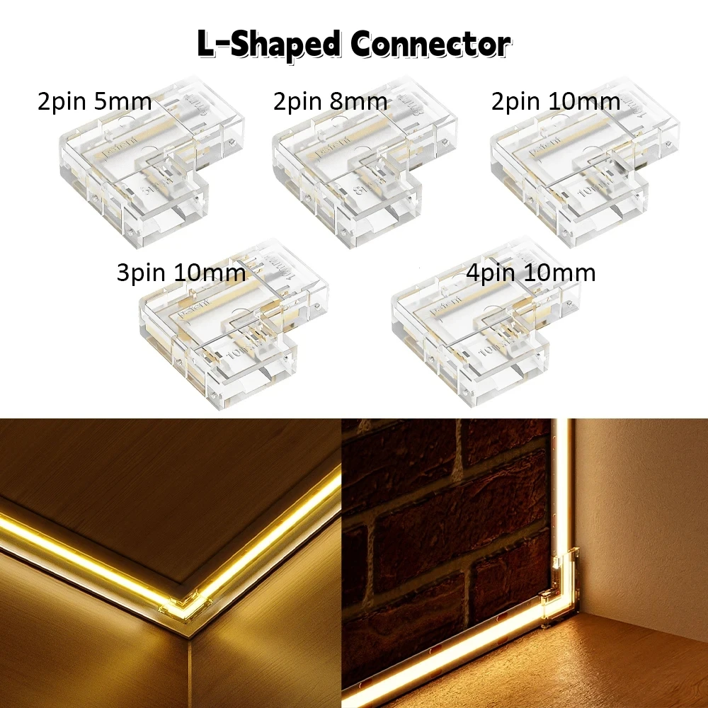 L‑Shape COB LED Strip Connectors,5/8/10mm Solderless Transparent 2/3/4Pin Strip‑to‑Strip Corner Joiner for FCOB CCT RGB Tape