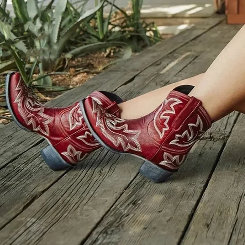 Vintage Embroidery Cowboy Woman Boots 2023 Autumn Winter Thick Heels Ankle Boots For Women Red PU Leather Western Botas Mujer