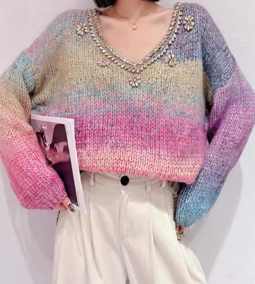 Chic New Autumn Winter Soft Rainbow Contrasting Colors Knitted Pullover Vintage Women Diamonds V Neck Thick Warm Loose Sweater