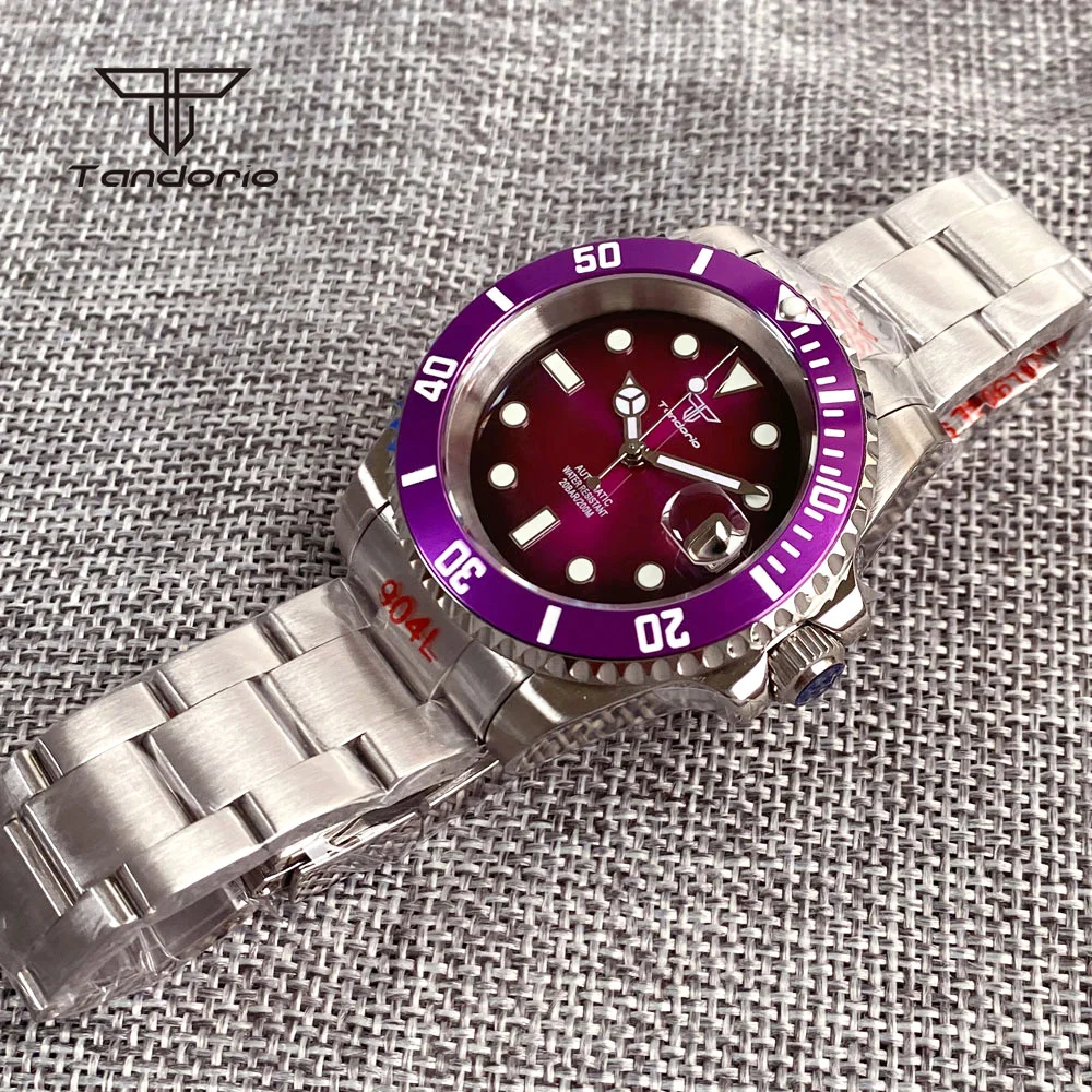 Tandorio NH35 Sapphire Gradient Purple Sunburst Stainless Steel Mechanical Automatic Watch Date Dive 40mm Men\'s Wristwatch 20BAR