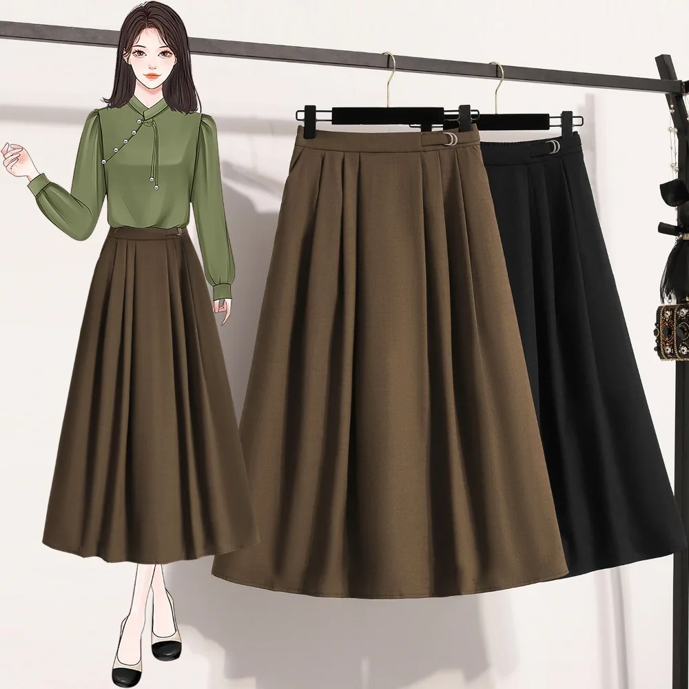 

Casual chic High Waist Ruched solid Long Pleated Skirts Korean Streetwear Fashion Autumn Plus Size Clothing