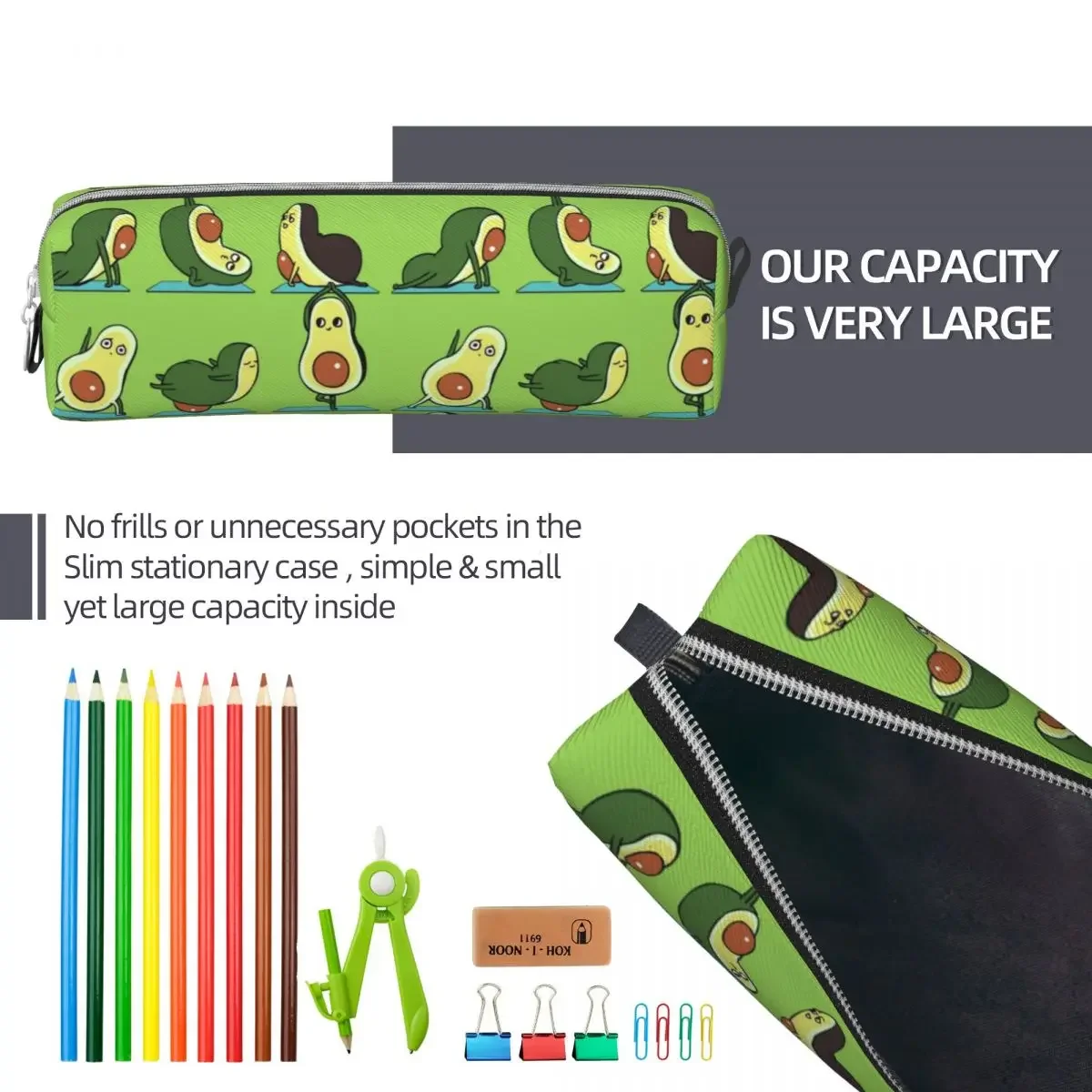 Fun Avocado Yoga astucci verdi astucci portapenne per studenti borsa portaoggetti grande materiale scolastico cancelleria regalo