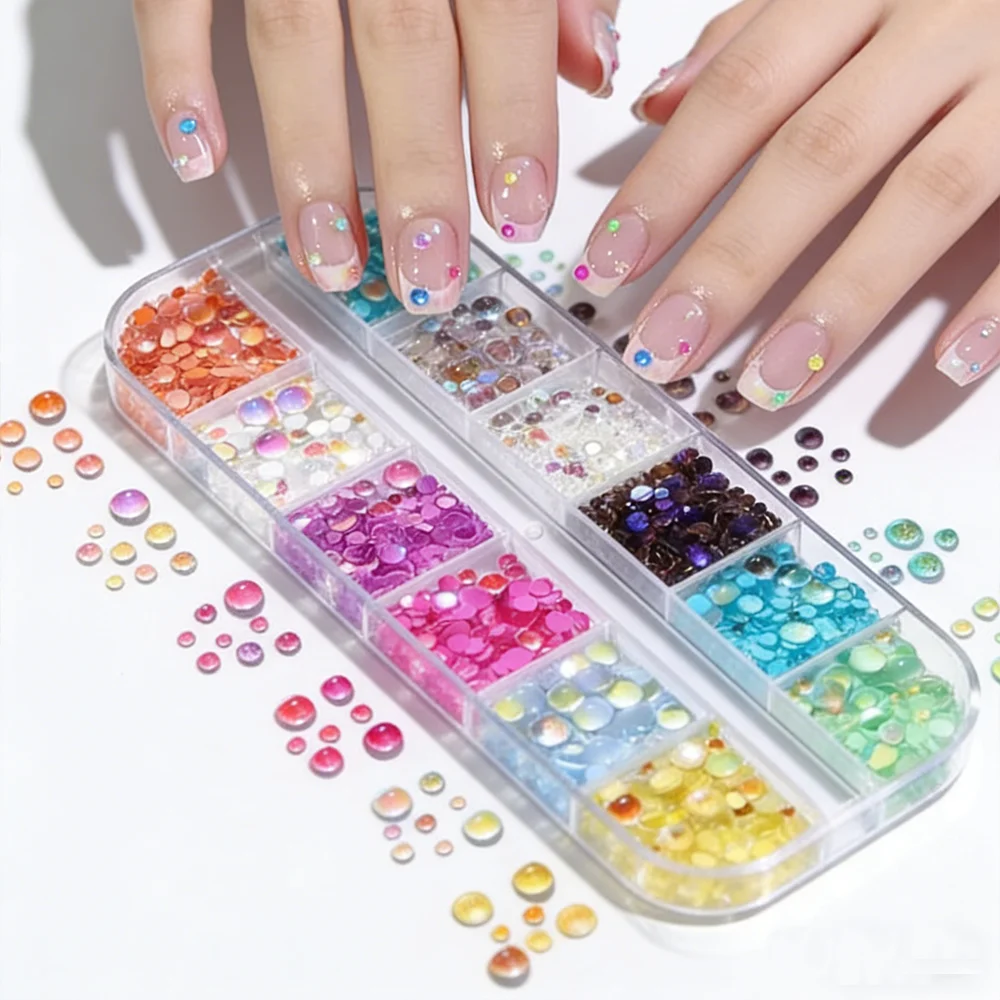 6/12Grids 3D Bubble Mermaid Beads Nail Art Charms Macaron Colors Half Round Aurora Bead Rhinestone DIY Summer Manicure Accessory