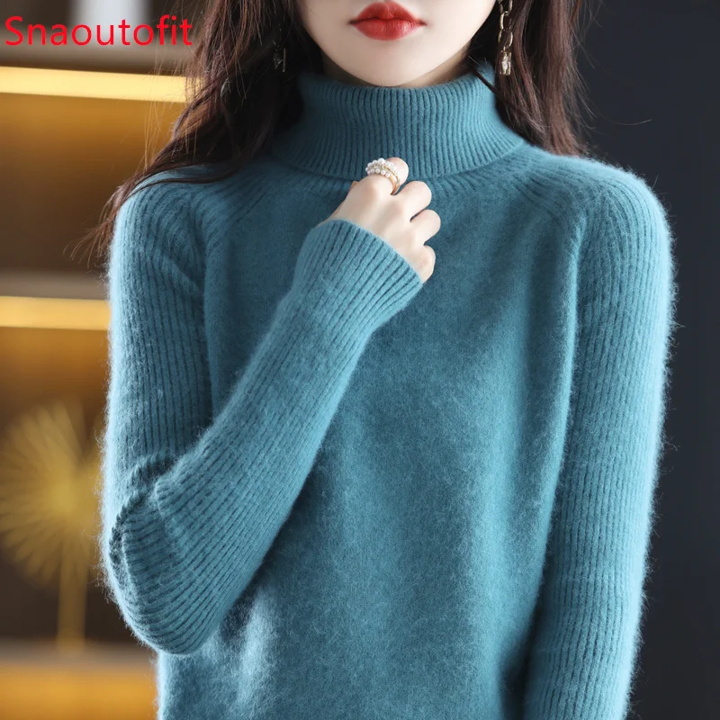 Autumn and Winter New 100% Mink Cashmere Sweater Women\'s High Lapel Slit Knitted Pullover Large Size Loose Basics Thick Warm Top