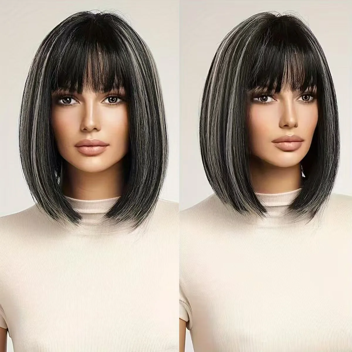 

Synthetic wig fashion BOBO short pickled gray straight hair with bangs for women