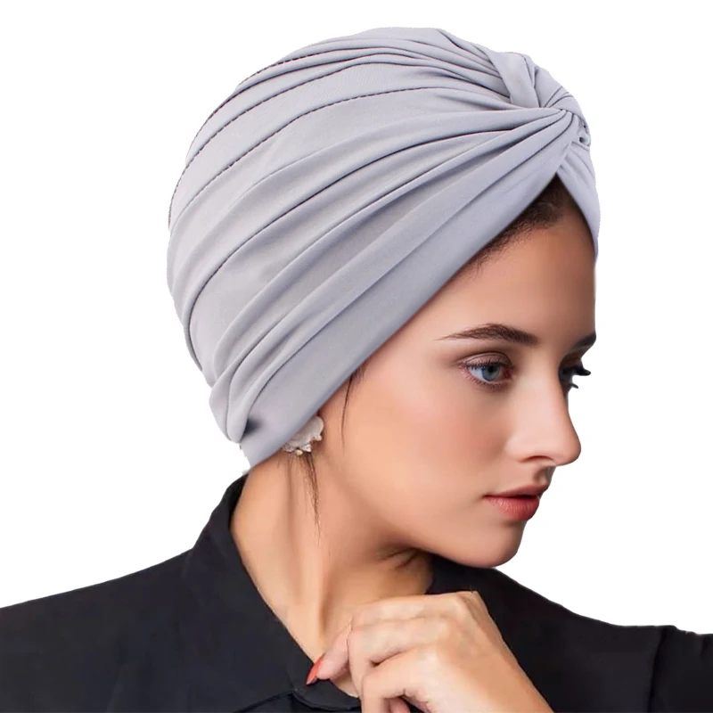 New Women\'s Stretchy Twist Pleasted Hair Wrap Turban Caps Muslim Cancer Chemo Beanie Cap Headwear Sleep Hat