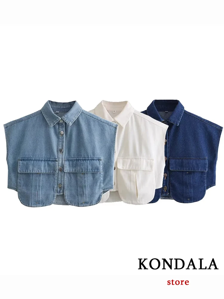 KONDALA Chic Casual Solid Blue Fashion 2023 Autumn Denim Sleeveless Jacket Streetwear Button Outwear Y2K Safari Style Cool Vest