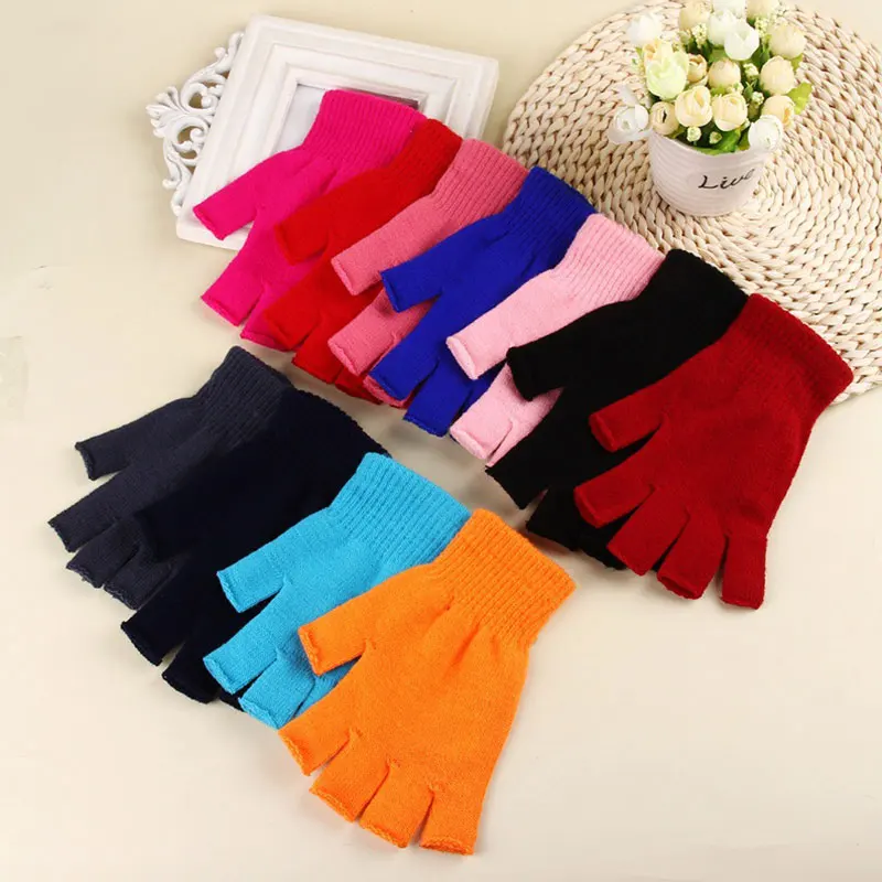 Guantes sin dedos para hombre y mujer, manoplas de medio Dedo de Color sólido, cálidos, suaves, cortos, de punto grueso, 1 par