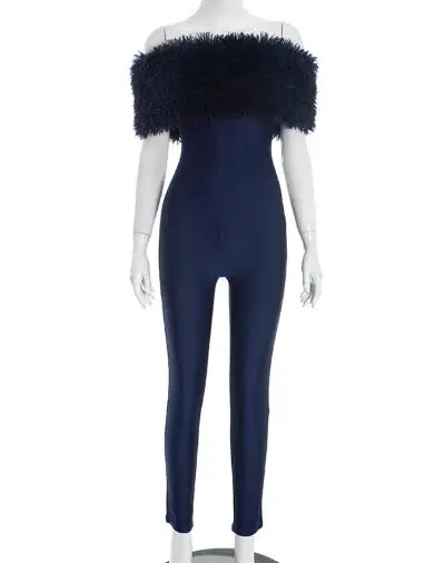 Tute da donna Autunno e inverno Tuta intera con spalle scoperte Collo in pelliccia Patchwork senza maniche Parte elastica Tuta Abbigliamento da donna