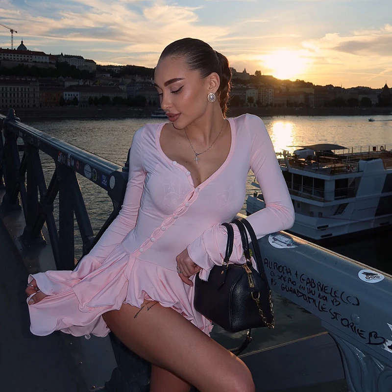 Sexy V-Ausschnitt Rüschen-Minikleid Damen Sommer Langarm Einfarbig V-Ausschnitt Gerafftes Figurformendes Kleid Damen Vestidos