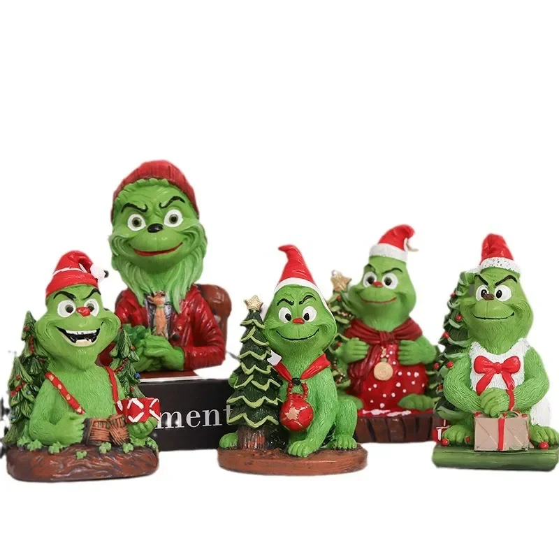 

Green Monster Figurines Christmas Green Doll with Christmas Tree Hold Gift Decoration Christmas Ornament Home Decor Gift