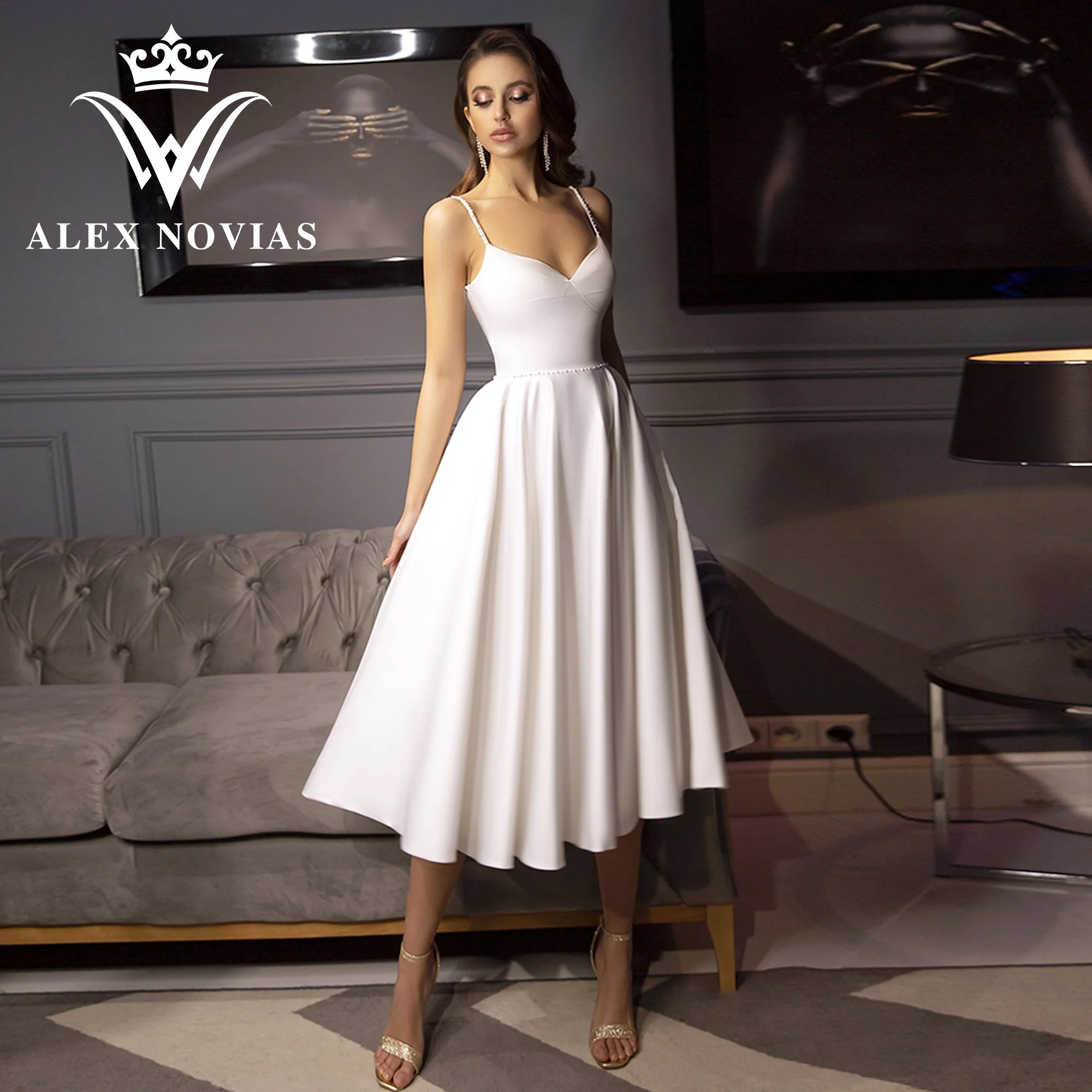 ALEX NOVIAS A-Line Wedding Dress 2023 Sweetheart Spaghetti Straps Belt Pearls Ivory Satin Wedding Gown Vestidos Novias De Saten