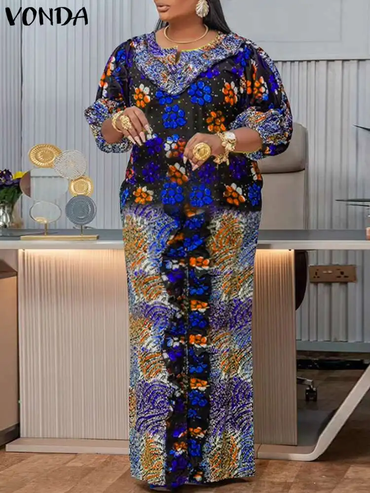 

VONDA Plus Size 5XL Women Bohemian Long Maxi Dress Long Lantern Sleeve Vintage Printed Party Sundress Casual Loose Vestidos Robe