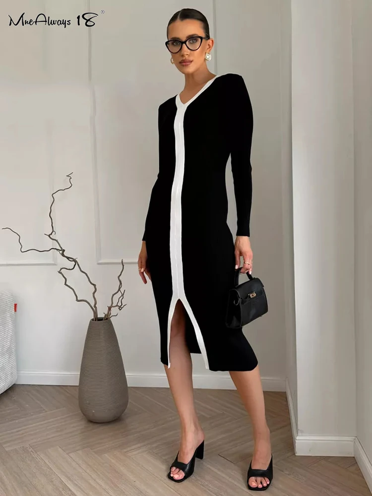 Mnealways18 V-Neck Elegant Women Long Dress Winter 2024 Patchwork Long Sleeves Split Dress Office Ladies Bodycon Knitted Dresses