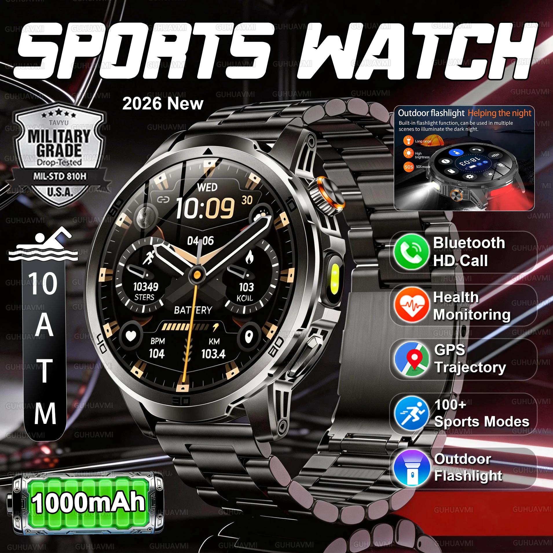 

2026 New Military Men Smart Watch 1000mAh battery Flashlight 10ATM Waterproof Heart rate call Sports outdoor tracking Smartwatch