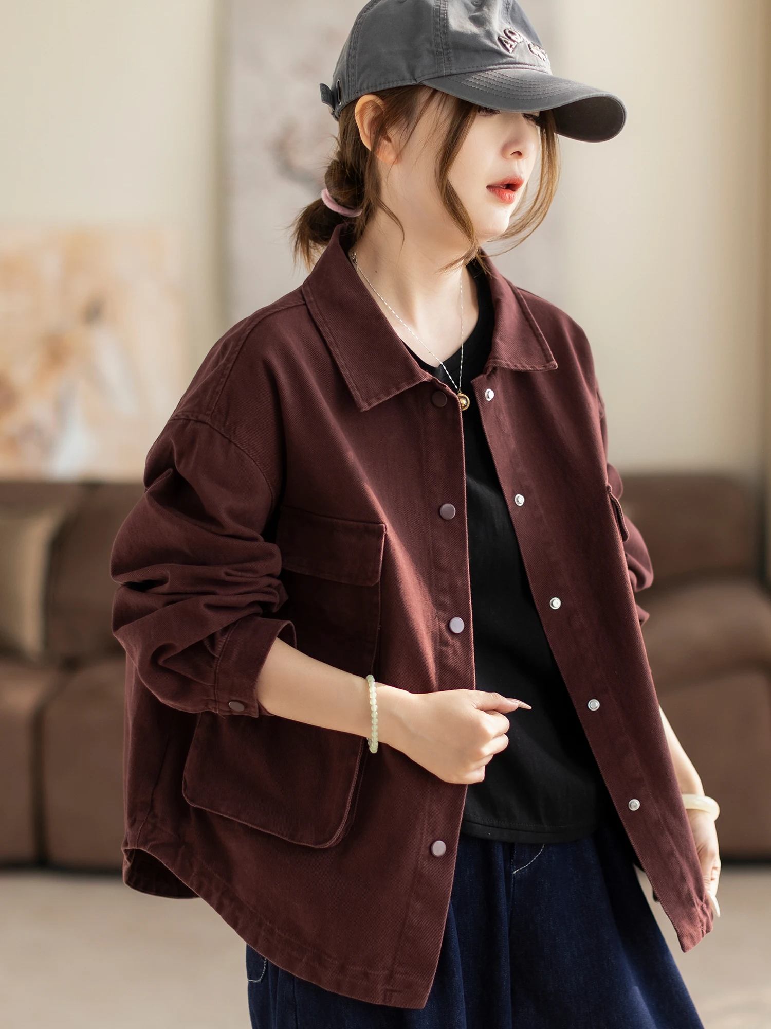 

Casual Loose Women's Jaet Spring Autumn Simple Faion ular Top Warm Straight Hem Button Detail Multi ket Design