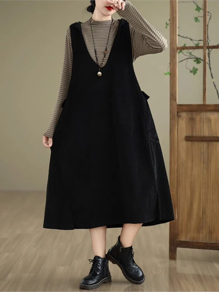 Oversized Corduroy Autumn Sleeveless Vests Hooded Dress Women Ruffle Pleated Fashion Ladies Vests Dresses Loose Woman Long Dress