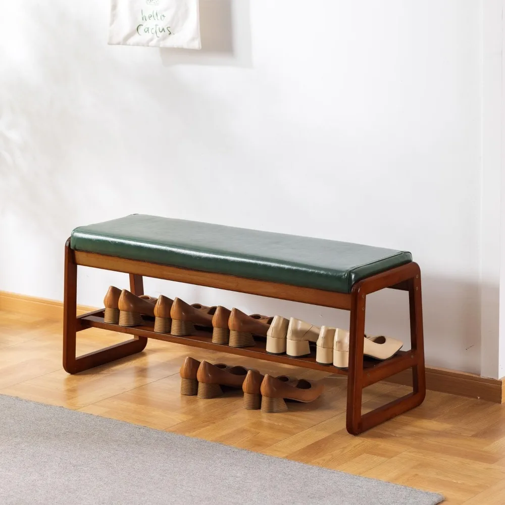 

Modern 2-Tier Solid Wood Shoe Bench Entryway Storage with Faux Leather Seat Cushion for Hallway Living Room Green