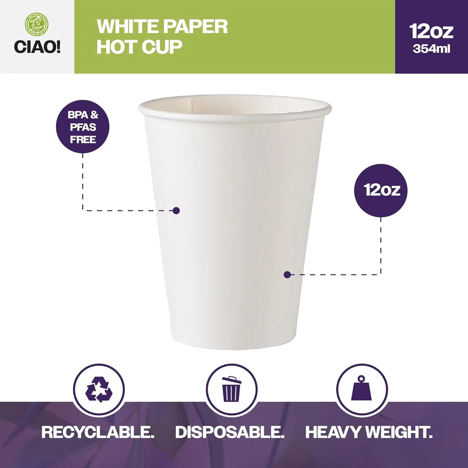 12oz White Paper Hot Cup, Disposable, 90mm Diameter 1,000 Count