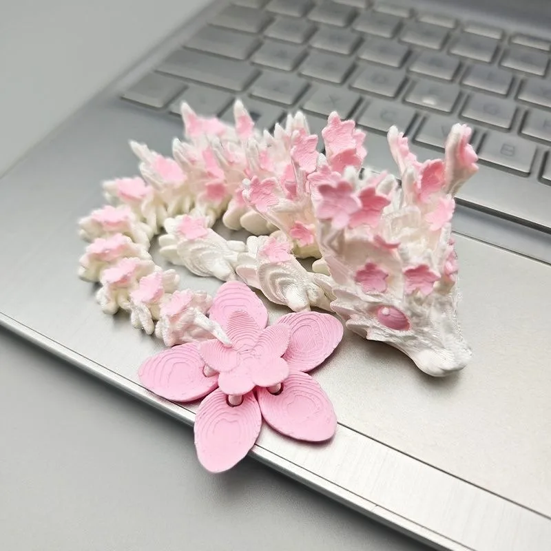 3D Printed Sakura Dragon Ornament Cute Movable Joint Simulation Dragon Figurines Home Office Desktop Decoration Gift
