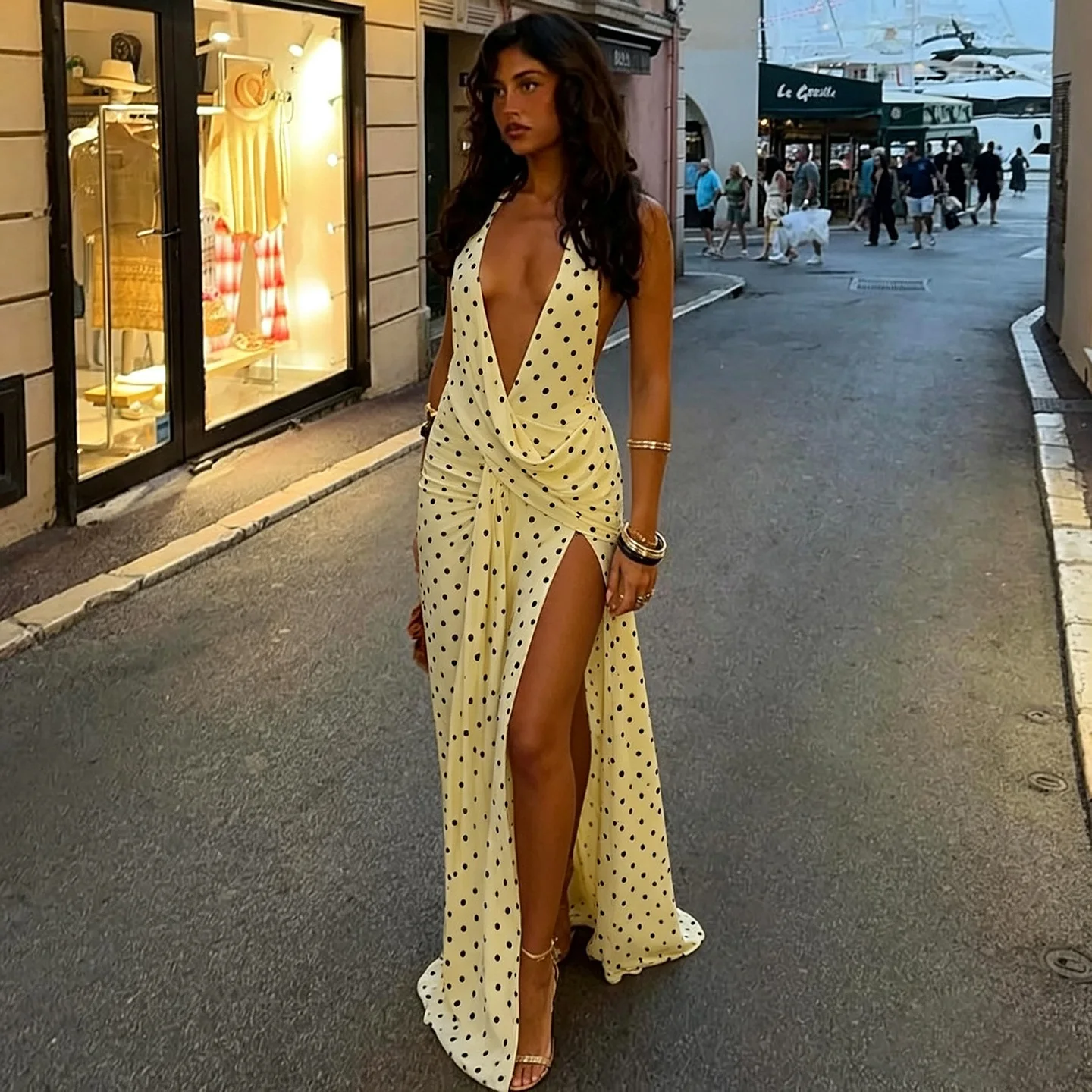 

Women's Summer Halter Neck Backless Deep V Polka Dot Dress Bodycon Split Irregular Hem Maxi Dress Sexy Elegant Party Outfit