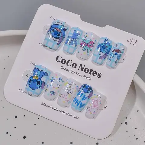 10Pcs Girl's Fashion Cute Cartoon Stitch Press on Nails Baby Fake Nails Girls Gift Toys Nails Patches Girls Detachable Nail Tips