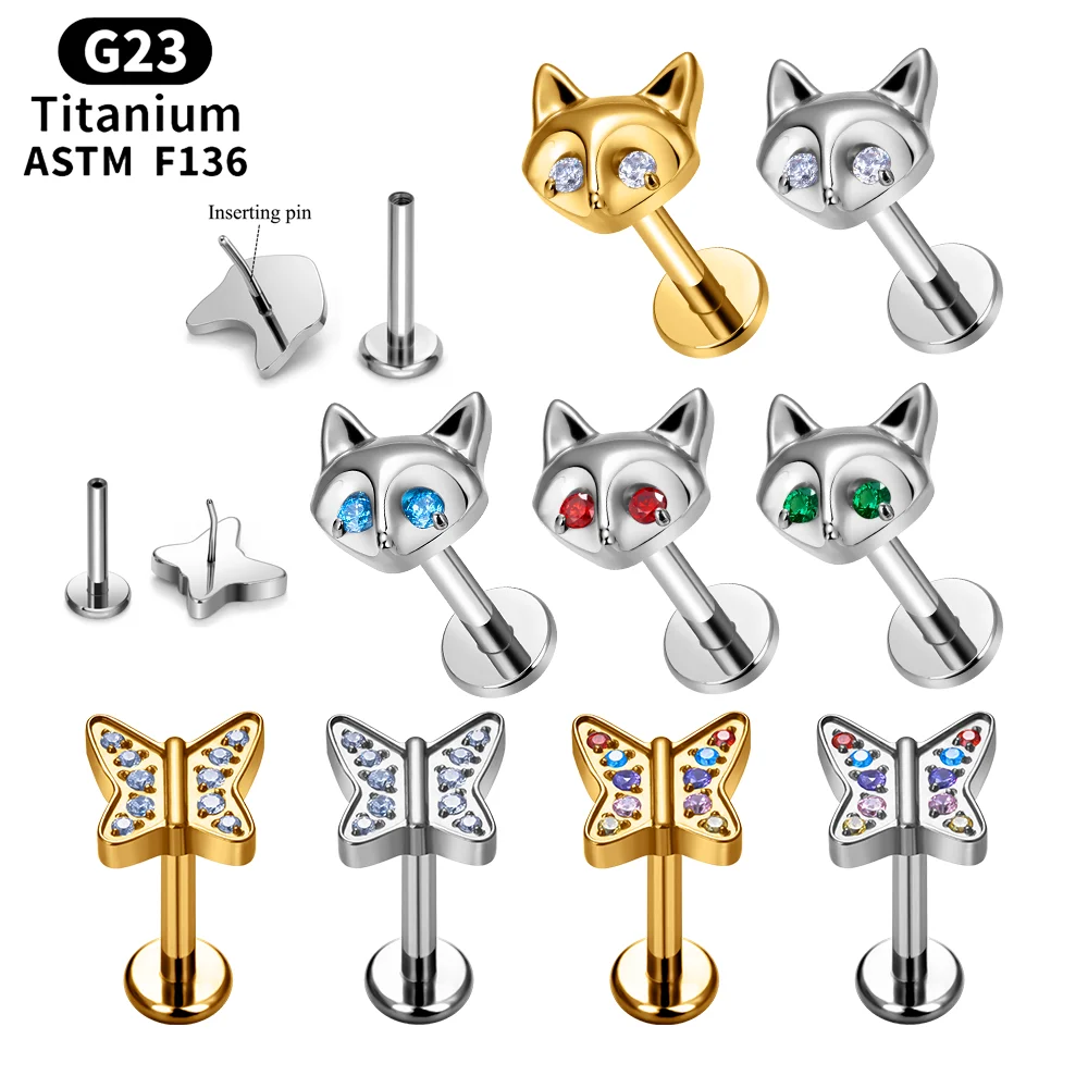 

G23 Titanium CZ Paved Fox Butterfly Push in Nose Stud Labret Lip Piercing for Ear Conch Tragus Helix lobe Stud Body Jewelry