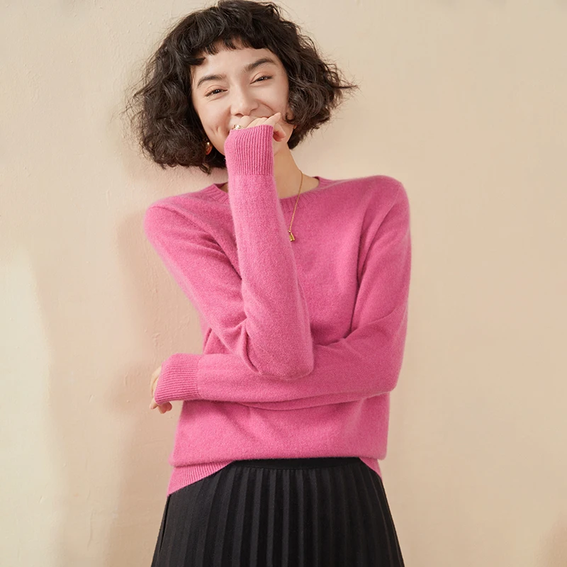 الخريف والشتاء سترة جديدة المرأة 100% سترة الكشمير الخالص عادية محبوك الجولة الرقبة فضفاضة الأساسية تنوعا البلوز #2