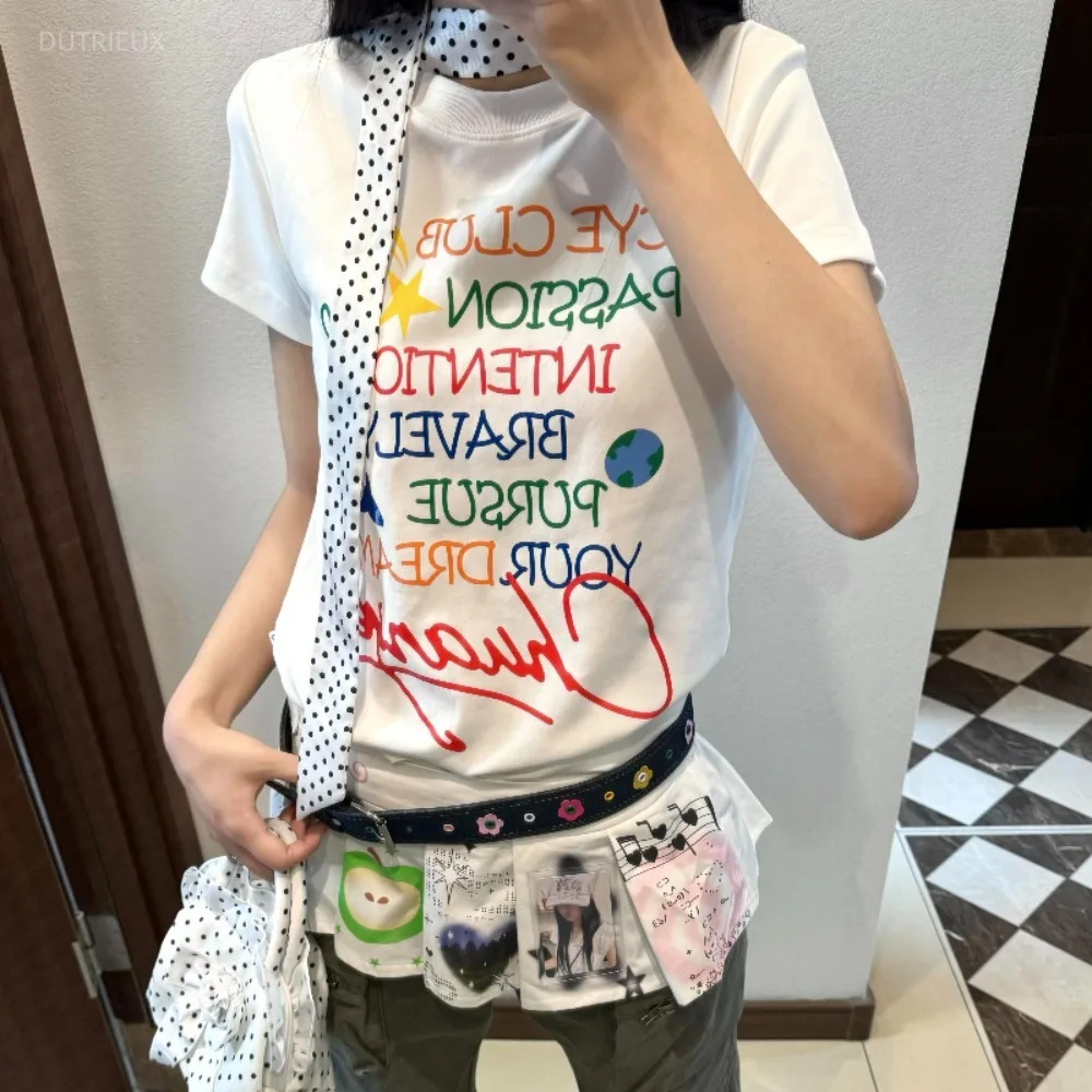 Sweet Fresh Student Preppy Style Crop Top Casual Simple Print Loose Mid-length Mujer Korea All-match Office Lady T-shirt