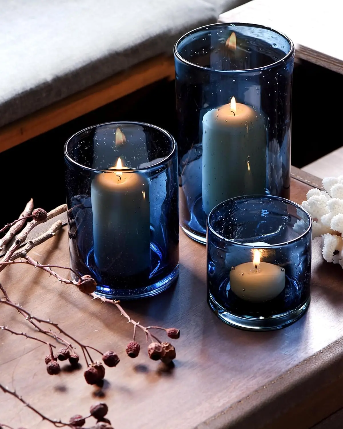 

Modern Glass Hurricane Candle Holders Set of 3, Blue Bubbles Design for Tealights, Table Centerpieces in Dining Room or Kitchen