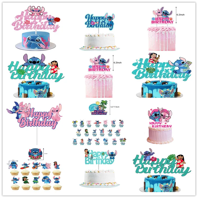 

24pcs Lilo & Stitch Glitter Cake Topper ​Happy Birthday Decorations for Kids Boy Girl Baby Shower Cupcake Dessert Decor Supplies