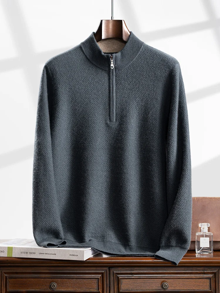 Choice High Quality Men Winter 100% Cashmere Sweater Mock Neck Zippers Pullover Smart Casual Cashmere Knitwear Soft Warm Clothes