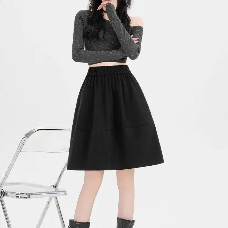Dark Gray Woolen Bud Skirt Women's Autumn and Winter Design Sense Elastic Waist Skirt Umbrella Skirt