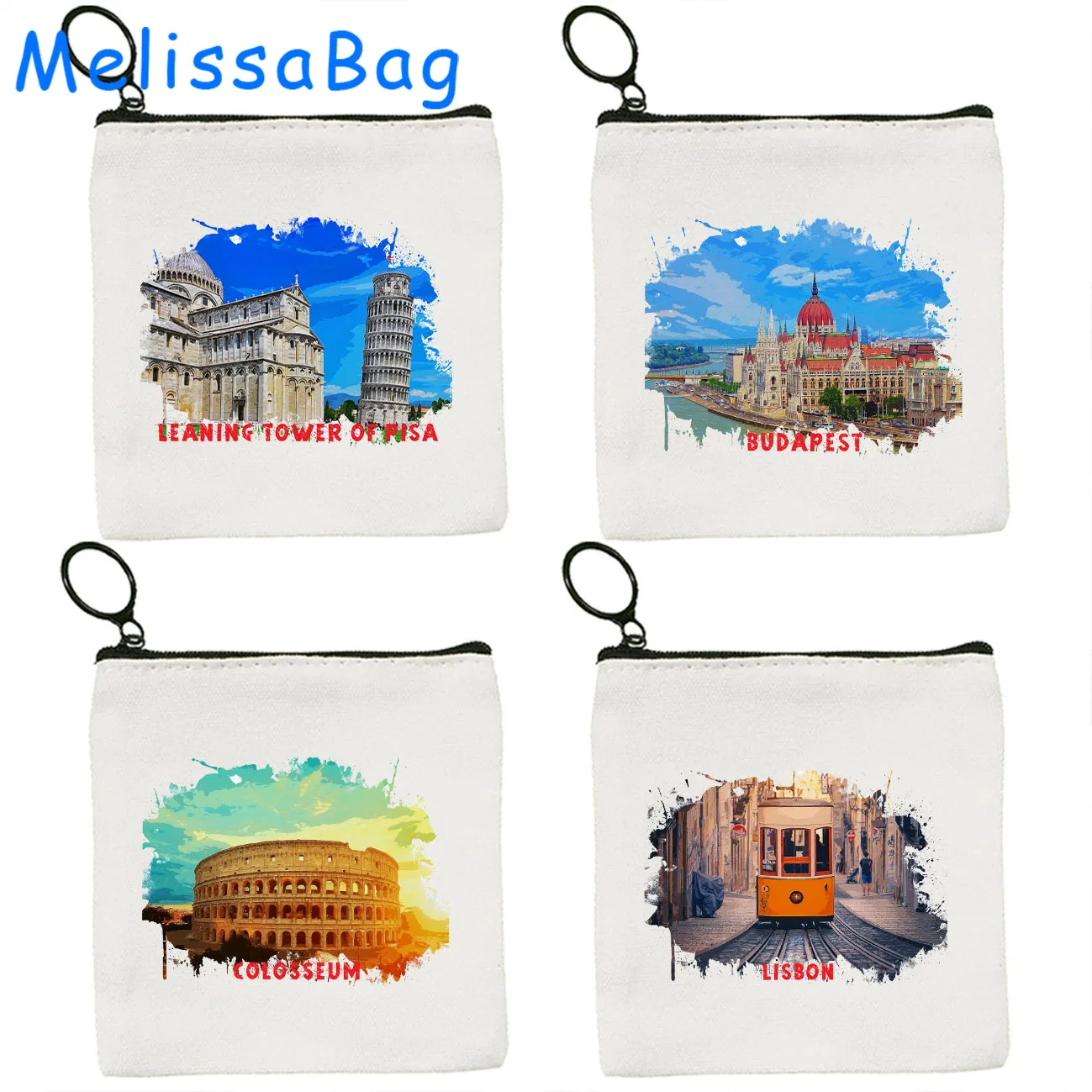 Pisa Colosseum Budapest Hungary Lisboa lisbon Portugal Venice Italy Watercolor Ink Oil Gift Canvas Coin Purse Key Case Bag Pouch