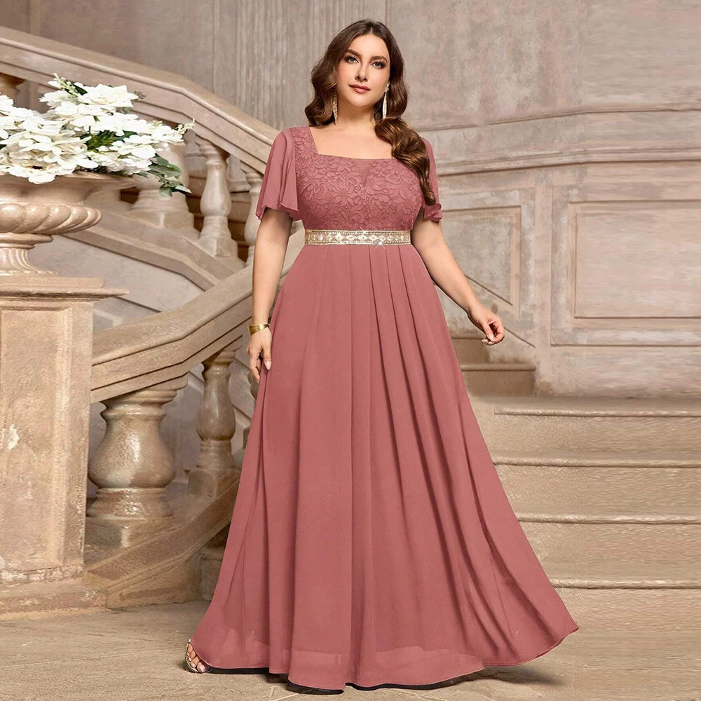 

Plus Size Elegant Square Neck Women’s Dress Lace Sequins Summer Wedding Party Dress 2025 Female Short Sleeves Evening Dresses