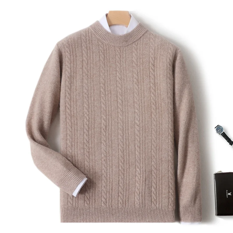 Men Pure Wool Twist Flower Pullover Half High Collar Sweater 100% Merino Wool Knitwear Autumn Winter Smart Casual Cashmere Top