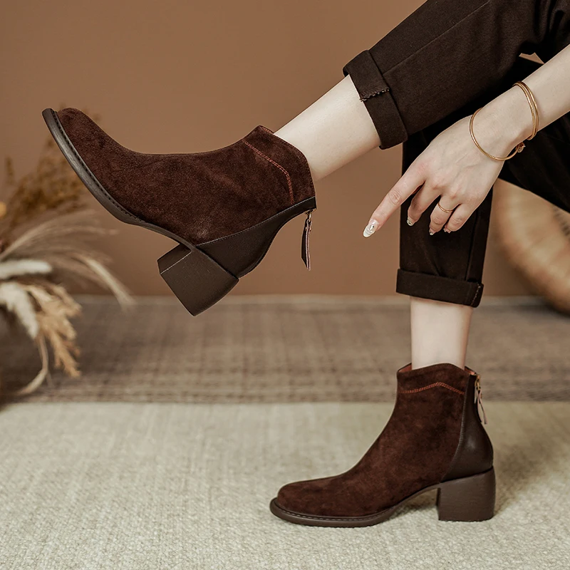 NEW Autumn/Winter Women Boots Round Toe Chunky Heel Boots Sheep Suede Leather Shoes for Women Retro Ankle Boots Botas De Mujer