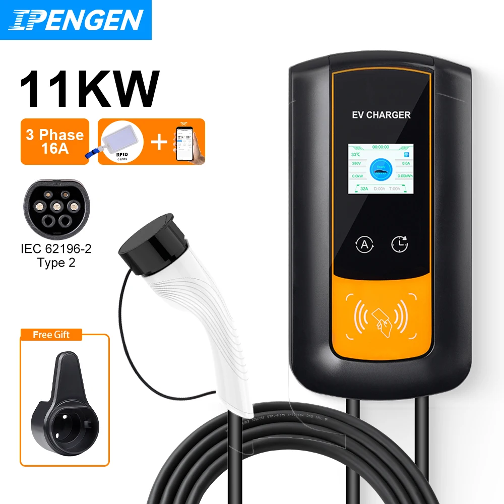 IPENGEN EV Charging Station 32A Electric Vehicle Car Charger EVSE Wallbox Wallmount 7.6/11/22KW Type2 Cable IEC62196 APP Control