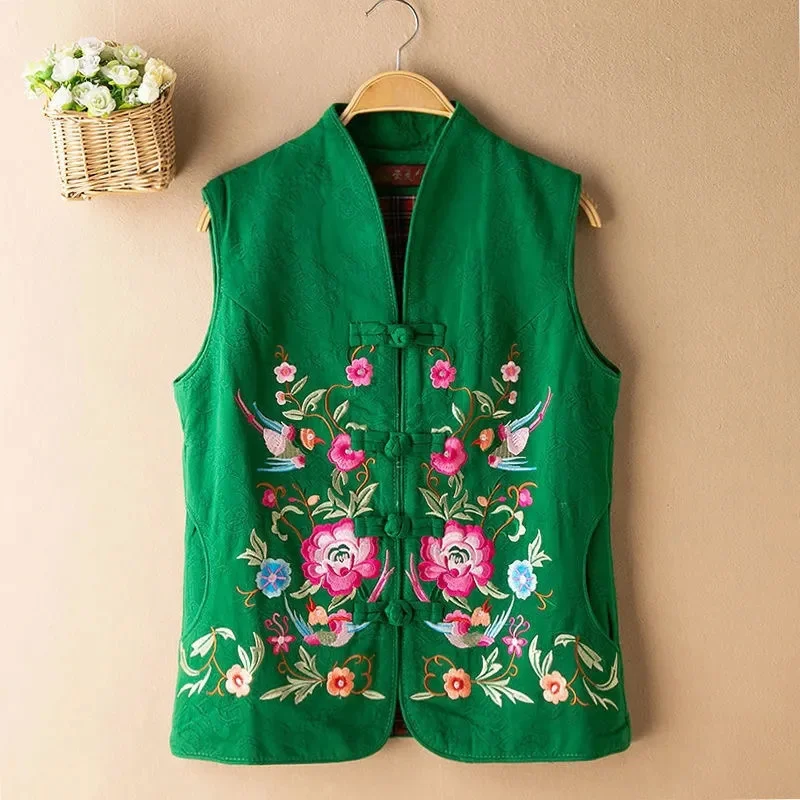 Women's vest Women's jackets  Vest Women's Spring and Autumn Mother Tang Suit Vest Pure Cotton Retro Ethnic Embroidery Vest